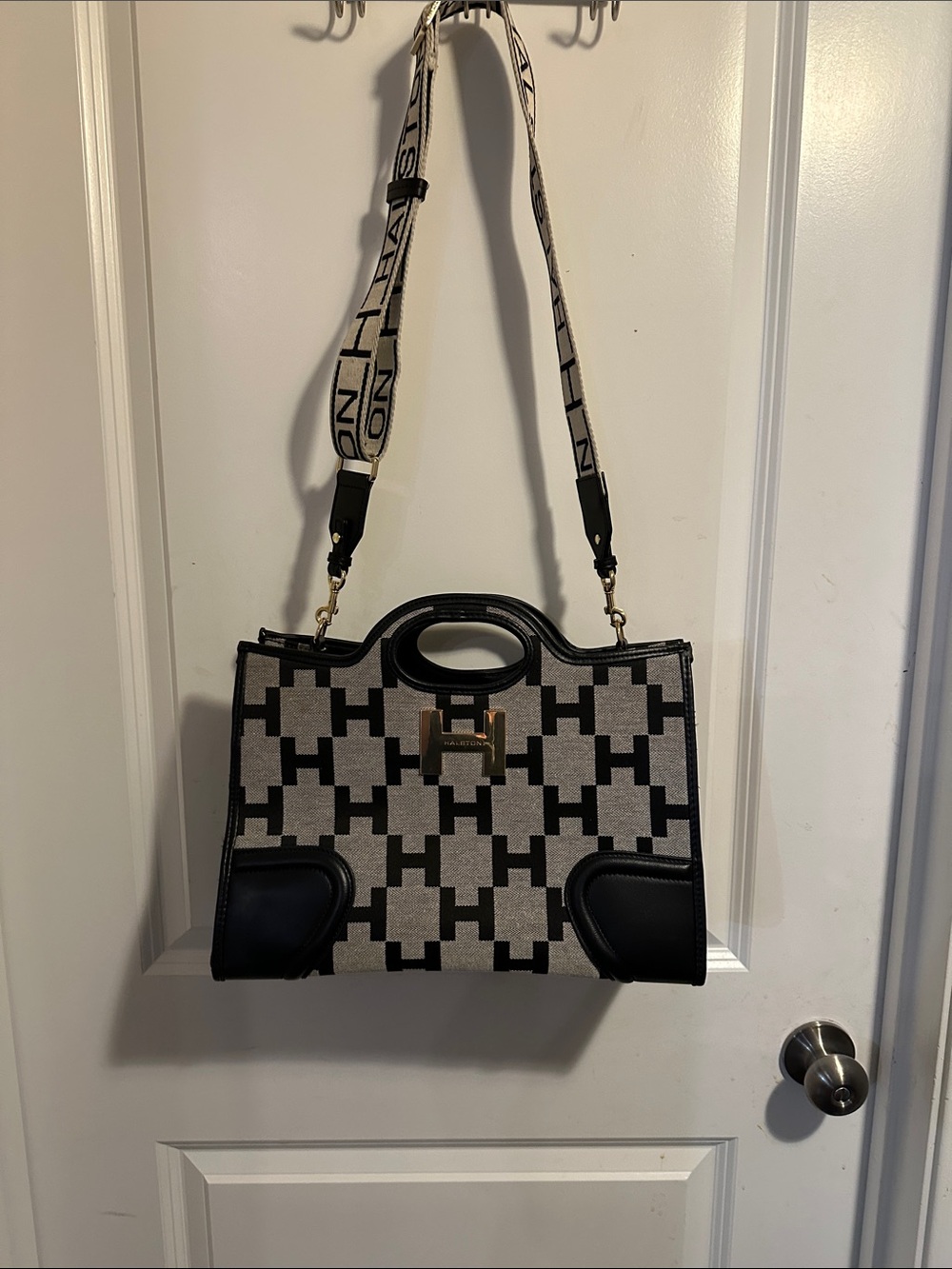H by Halston Black & Cream Monogram Canvas Satchel with Branded Strap